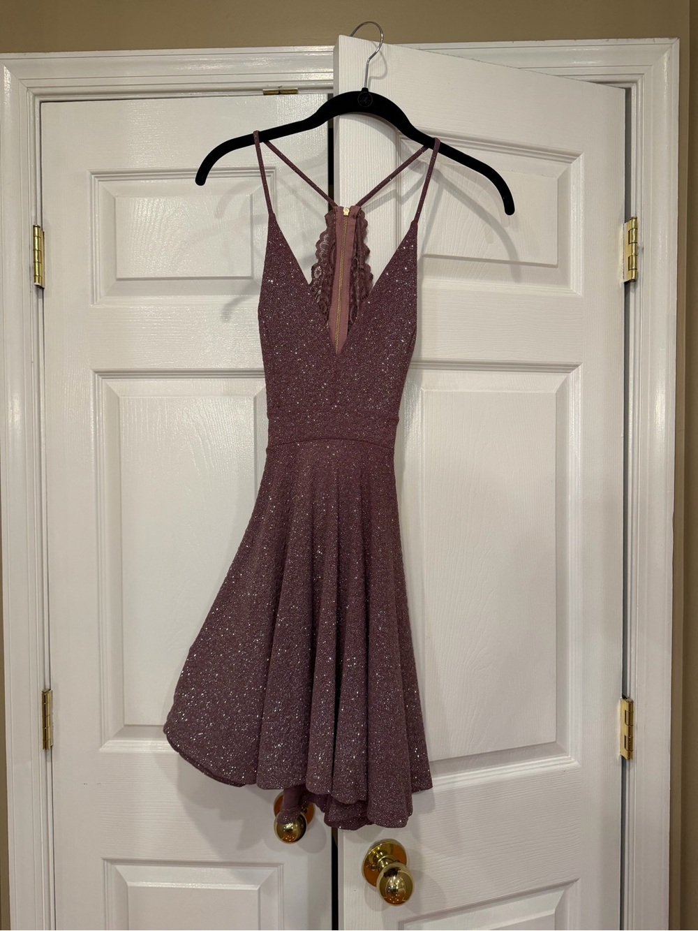 Sparkle Mauve A-Line Party Dress with Lace Back